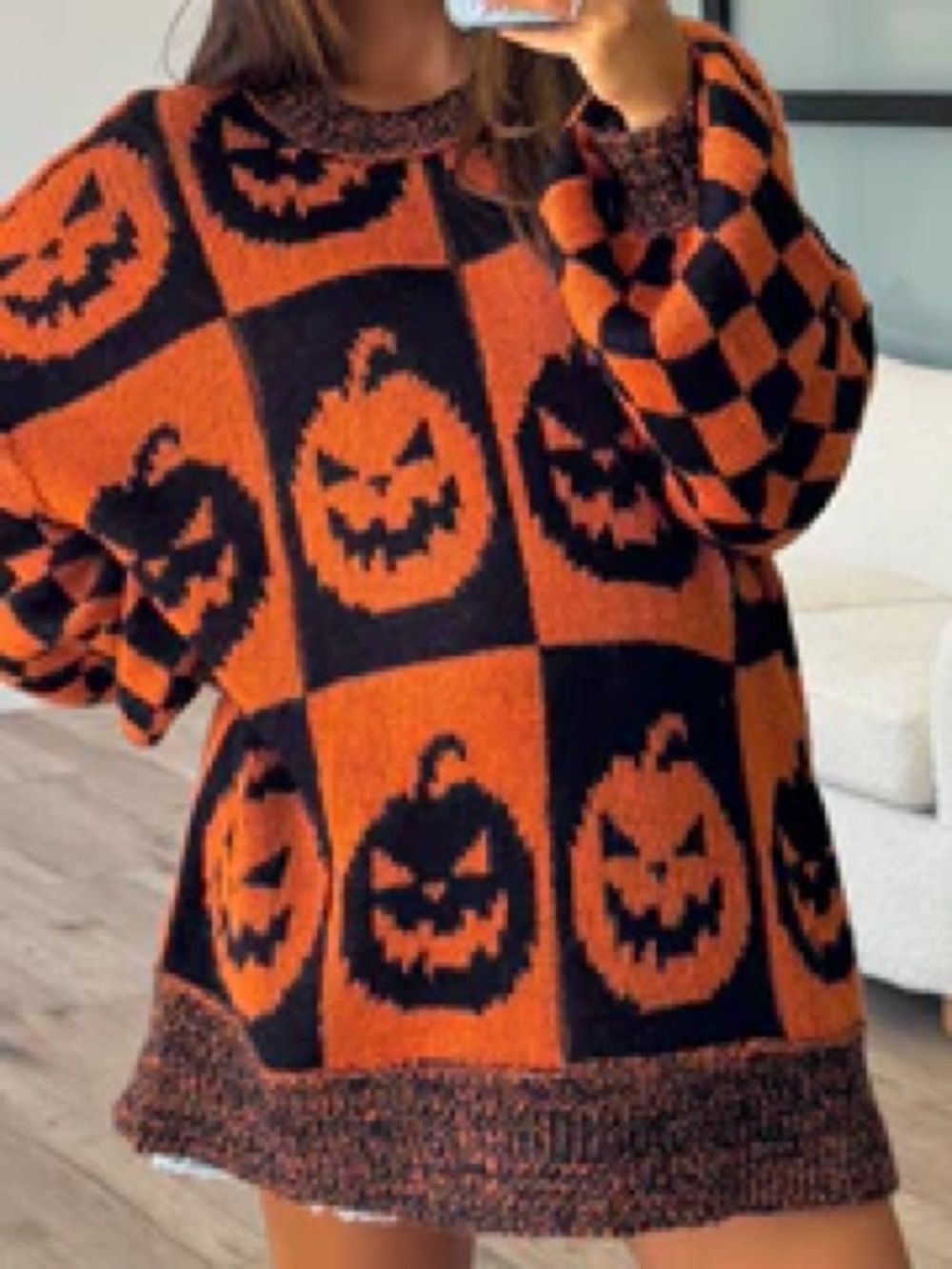 TALULAH Orange and Black Pumpkin Checkerboard Sweater